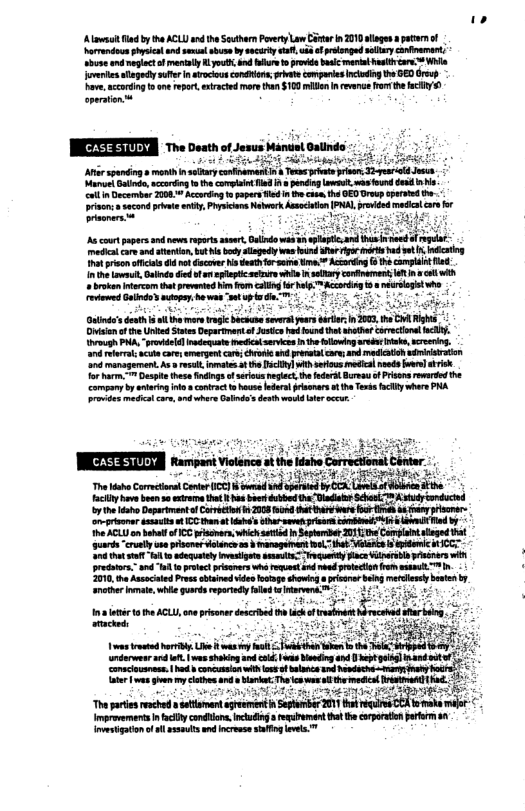 " sl b the ACLLand e Southen Poverty Lam Cirtern 2010 logs 3 pattrnof Norrendousphysicat nd semin ahuse by sucirty i of prlsmgad sllrycanramart;  Shuse andmegect f mnialy Ryt and a1 rovide el mia et care 4 Wil uventes allegedy sufe I rocouscondfon, rvate compariesIcading the OED Orep  hov, acarding o one eport, extraced more tan 100 il evnce ot the cy ) operatn  [IXTTSIENN The Death of Jesus Minual Oalinds S L A S : A soanding 3 i i slry cnfement  Teas et rson, 2-erild.Jss. Manoet Gatnd,scarin o the oot ld 4 pnding el was foud e i ol I Decembar 000 Actodng o apers ld i h v OED Dreup oprved . rivon:  sacand pvte ett, Py Rk Asscaton (PAL provied el ars o  ot prson i i discover i st e e . Acsodig th campdi fad nhe vl Gaindo did o e plapicacre i efary confnermnt ol Wi #broen tercom that preveted i o calligfor bl et e o b e o7 o  ’t by e sy e A R Dienof the Unked SaesDepartmentat Juscs hd o tht s corectona . voug PAA, ol nedequnte mediaservice  th llowing reas ke, seerin. S el vt caes sergen cae, o nd rerta cae rd mediatah st 2 management A el mats 3 th Dscl] Wi sevious medica neds e s i o har. ™ D hes nings of sereus et the il Bvau of Prson revarsd the Company by anering i cotract 5 house ndara flsners t h Teas oty whare A roites il cre,and whare Galnd’ esth wodd e oot  ancthr e, whleguadsreprtdyolad e nervne p  = .._....m..,..........,.....ﬂ&......... =  sty it e et v oyl ard .....M._.......‘.-.msgﬂ  mprovements I fcly condlons,Incudig 3 fgulremen that e coporto prtrm imveaigatonf i sl and nreesesfogevls™ 